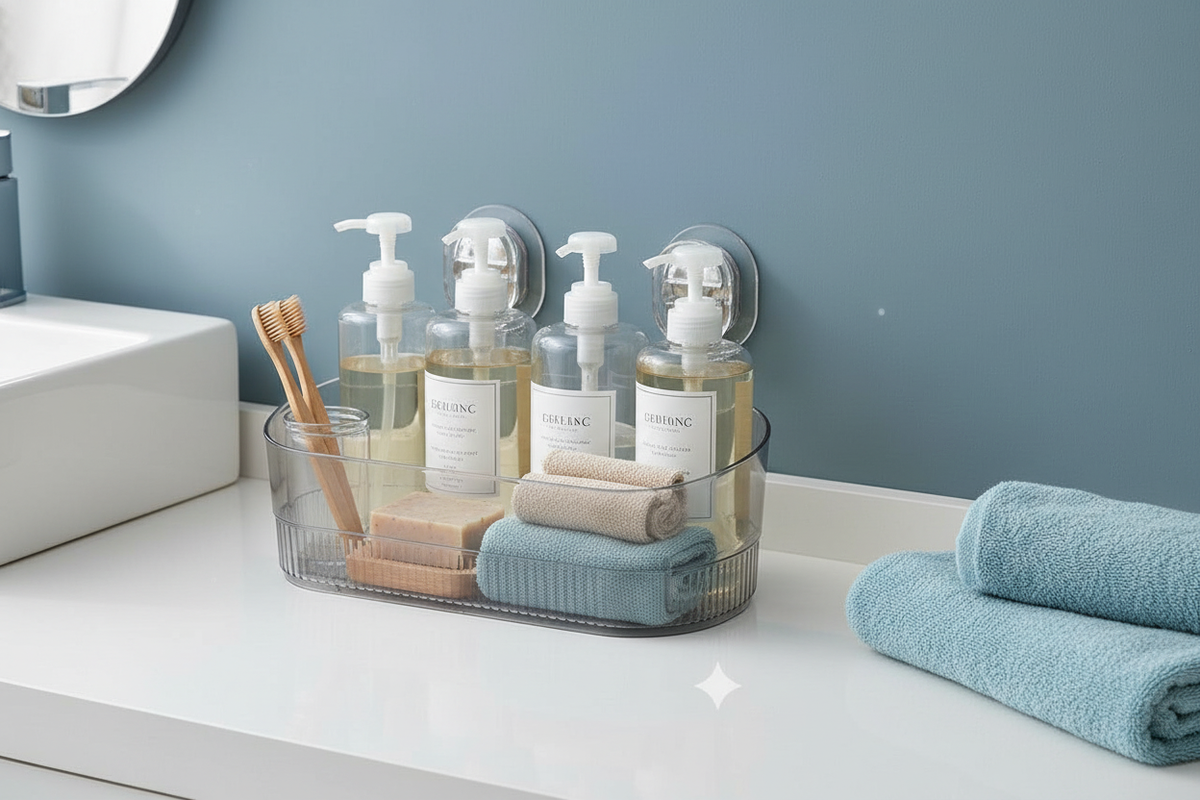Transparent home organizer filled with toiletries on a white bathroom counter, with soft blue towels and a slate blue wall.